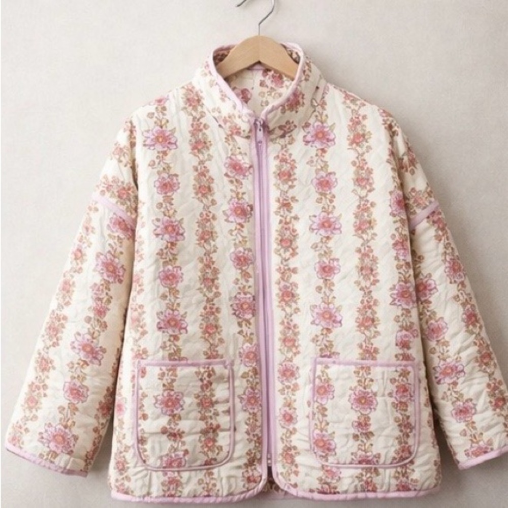 Free People Cream Quilted Floral Jacket with Pink Trim